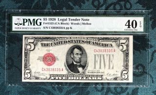 1928 Red Seal 5 Dollar Bill 40 Epq Pmg