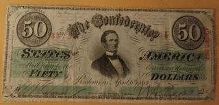 1863 $50,  Dollar T - 57 Confederate Civil War Note Good Circulated