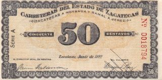 México / Zacatecas 50 Centavos 6.  1922 M4507 Series A Uncirculated Banknote