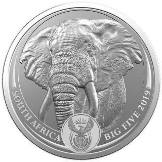 2019 1 Oz Silver 5 Rand South Africa Elephant Big Five Coin.