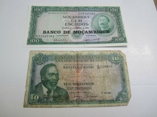 1971 Kenya 10 Shilling Bank Note & Mocambique 100 Escudos Bank Note