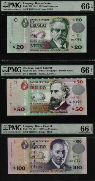 Tt Pk 86b,  87b,  & 2011 Uruguay 20,  50 & 100 Pesos Uruguayos Pmg 66q Set Of Three
