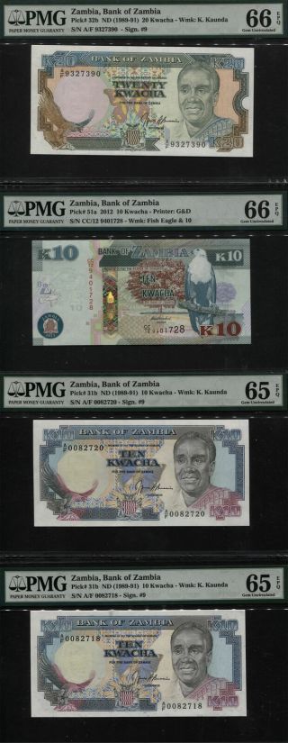Tt Pk 31b,  32b,  & 51a Zambia 10 & 20 Kwacha Pmg 65 Epq & 66 Epq Set Of 4 Notes