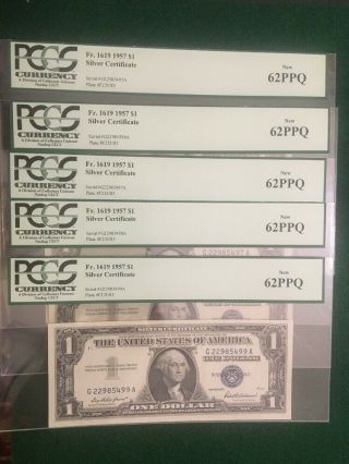 5 Consecutive 1957 Fr 1619 $1 Dollar Silver Certificate Pcgs 62