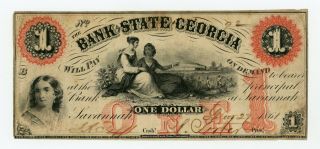 1861 $1 The Bank Of The State Of Georgia Note - Civil War Era