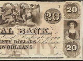 Large 1800s $20 Dollar Bill Orleans Canal Bank Note Currency Old Paper Money