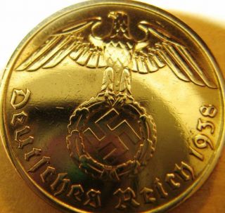 Old German 10 Reichspfennig 1938 Gold Coloured Coin Third Reich Eagle Swastika