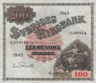 Sweden 100 Kronor 1943 - Sveriges Riksbank.  Fine