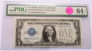 1928b $1 Silver Certificate Note Pmg 64 Choice Unc,  Fr 1602 Db Block (211004g)