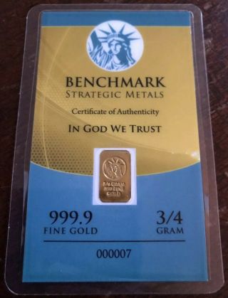 Gold 3/4 Gram 24k Pure Gold Bullion Benchmark Elemental Bar 999 Fine Gold