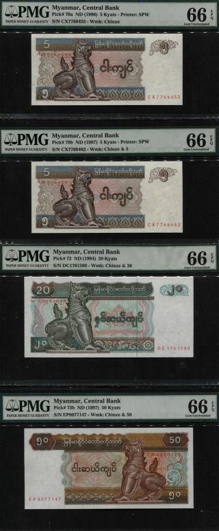 Tt Pk 70a,  70b,  72 & 73b Nd (1994 - 97) Myanmar 5,  20 & 50 Kyats Pmg 66q Set Of 4