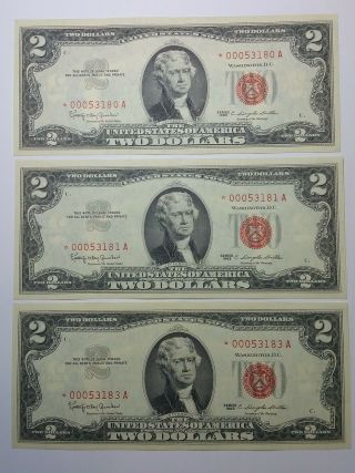 3 - 1963 Red Seal Low Serial Number Star $2 Bill In Sequence Uncirculated