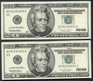 $20.  00 Frn - Philadelphia,  1996,  Fr.  2083c,  2 Consecutive Serial Numbers,  Unc