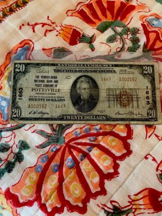 1929 Twenty Dollar Bill $20 National Currency Brown Seal Note - Pottsville,  Pa