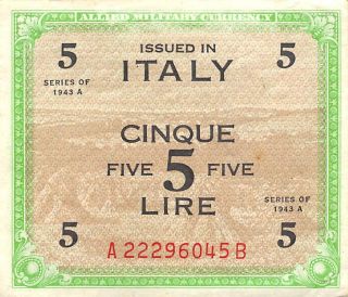 Italy 5 Lire Series Of 1943 A Series A - B Wwii Issue Circulated Banknote It