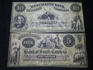 K6 Usa Bank Of South Carolina 1859 5 & 10 Dollars Vf 2 Notes Total
