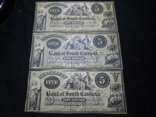 K5 Usa Bank Of South Carolina 1857 & 1859 5 Dollars Vf 3 Notes Total