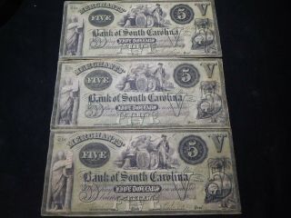 K3 Usa Bank Of South Carolina 1858 & 1859 5 Dollars Vf 3 Notes Total