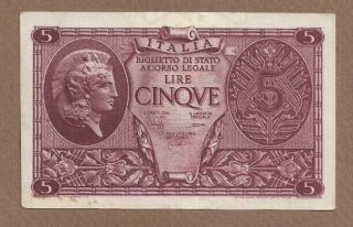 Italy: 5 Lire Banknote,  (au/unc),  P - 31c,  1944,