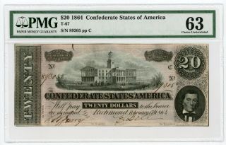 1864 T - 67 $20 Confederate States Of America Note - Civil War Era Pmg Ch.  Cu 63