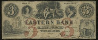 1852 Eastern Bank West Killingly Connecticut $3 Three Dollar Obsolete Bank Note