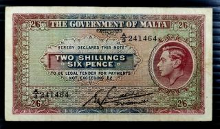 Malta 1940 2 Shillings 6 Pence Note.