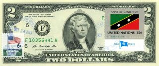 $2 Dollars 2013 Stamp Cancel Flag Of Un From Saint Kitts And Nevis Value $99.  95