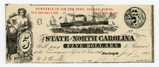 1863 Cr.  124 $5 The State Of North Carolina Note - Civil War Era Unc