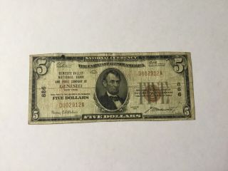 1929 $5 Genesee Valley National Bank Geneseo,  Ny,  Charter 886 National Note