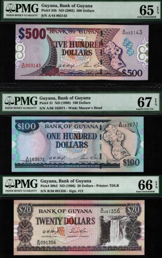 Tt Pk 31 30b2 & 34b (1996 - 2000) Guyana 500 100 & 20 Dollars Pmg 66q 67q Set Of 3
