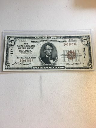 1929 $5 National Currency From The Reading National Bank And Trust.  Reading Pa