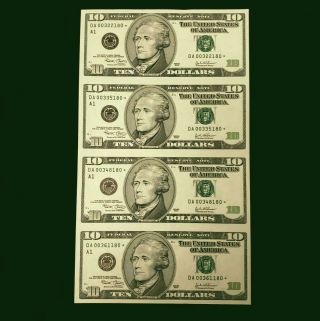 2003 Us $10 Ten Dollar Uncut Sheet Of 4 Federal Reserve Star Notes Hst101180