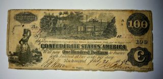 1862 Confederate States Of America $100 Note - Railway Train (t39)