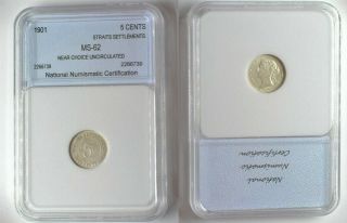 Scarce 1901 Straits Settlements Silver 5 Cents,