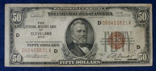 1929 $50 National Currency Cleveland Federal Reserve Bank Small Size Banknote