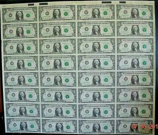 1981 Series Uncut Sheet Of 32 One Dollar Fed.  Reserve Notes - Washington,  D.  C.