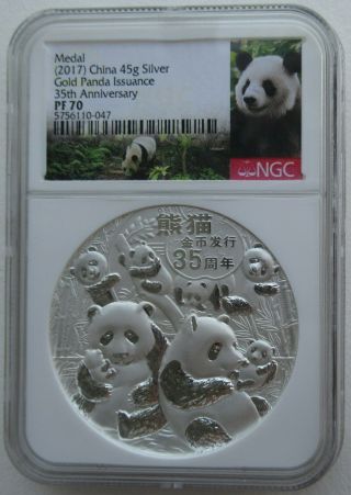 Ngc Pf70 China 2017 Issued Panda Gold Coin 35th Anniversary Silver Medal 45g