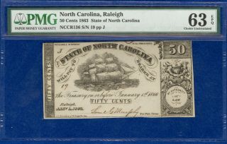 1863 50¢ State Of North Carolina,  Raleigh Banknote Pmg 63 Choice Unc.  Epq
