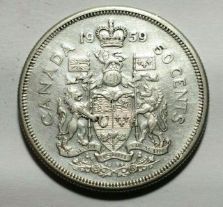 1959 Canada 50 Cents - Large 30mm Silver Coin.  3oz Asw Xf,  80 Fineness
