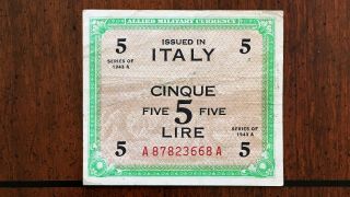 Italy 5 Lire 1943 Allied Military Currency (amc),  Wwii,  Pick M18a,  Circulated