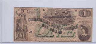 1862 Richmond Va Csa Confederate One Dollar $1 Note | Cs - 45 Green Overprint