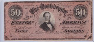 Feb 17 1864 Richmond Va Csa Confederate 50 Dollars $50 Note | Cs - 66