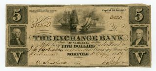 1857 $5 The Exchange Bank - Norfolk,  Virginia Note (richmond Branch)
