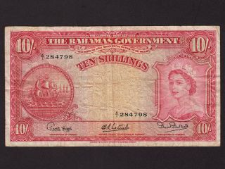 Bahamas:p - 14,  10 Shillings,  1953 Queen Elizabeth Ii F,  Nr