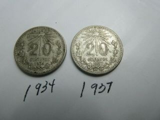 2 Silver Mexican 20 Centavos Coins 1934 1937 Both Ef