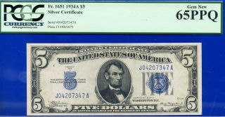 Fr - 1651 1934 - A $5 Silver Certificate Pcgs Gem 65ppq J04207347a.