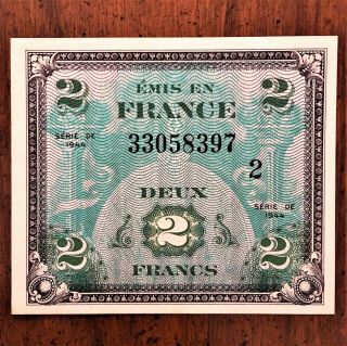 Ww2 France Allied Military 2 Francs 1944 P - 114b Vintage Amc Currency Note Aunc