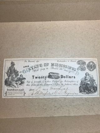 The State Of Mississippi $20 1862 Obselete Banknote