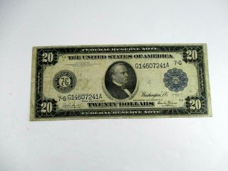 1914 United States Federal Reserve $20 Dollar Large Blue Seal Note Very Fine