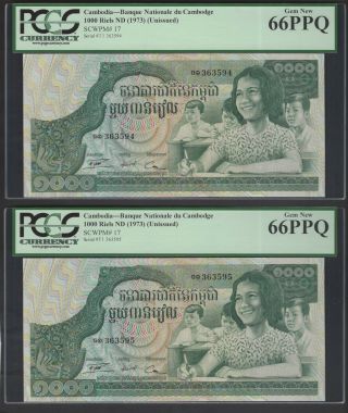 Cambodia 2 Notes 1000 Riels Nd (1973) P17 Uncirculated Graded 66
